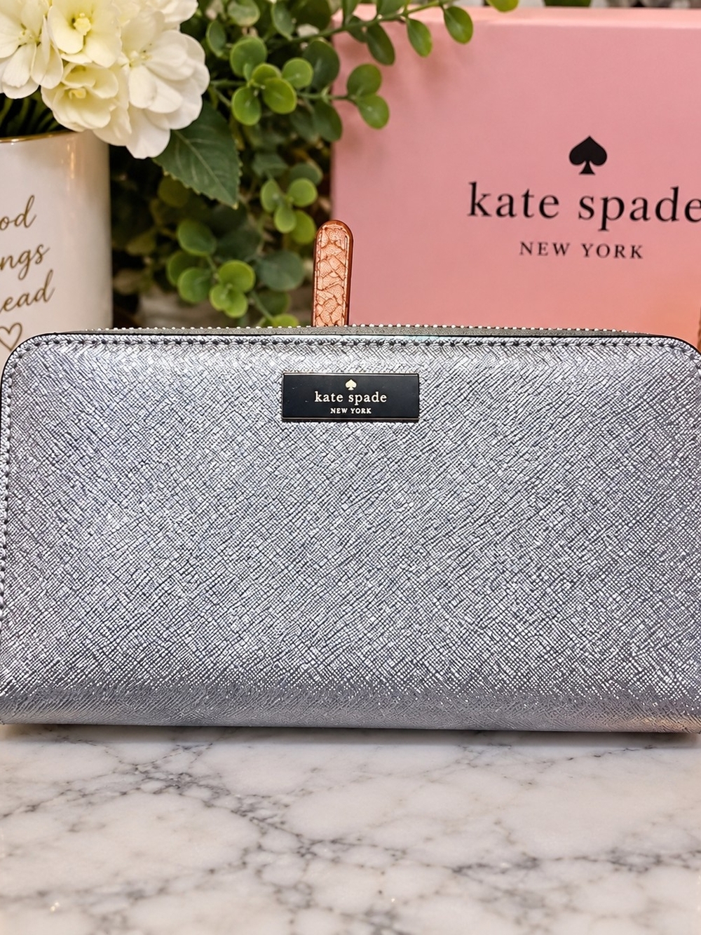 kate spade Silver Metallic Saffiano Zip Around Wallet